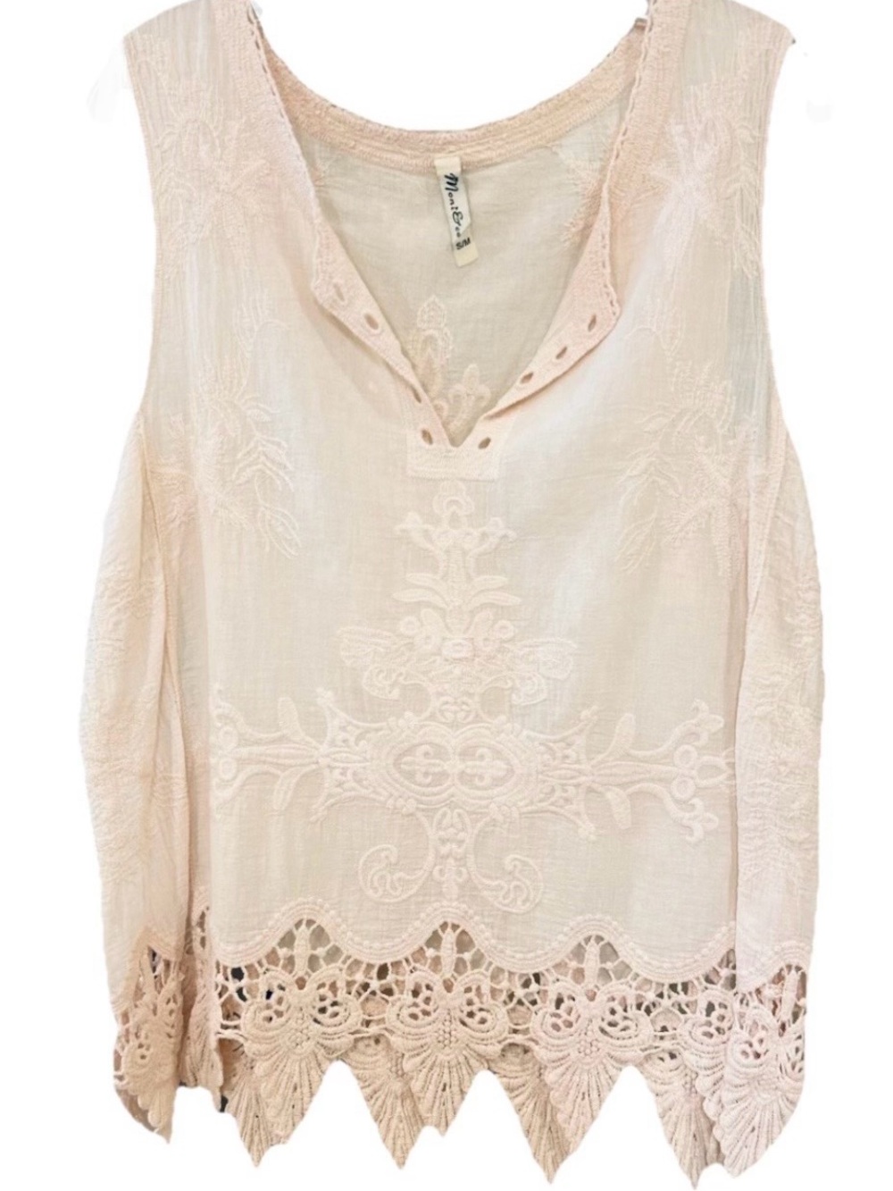 MontEco Embroidered Sleeveless Top Crochet Lace Hem Boho S/M